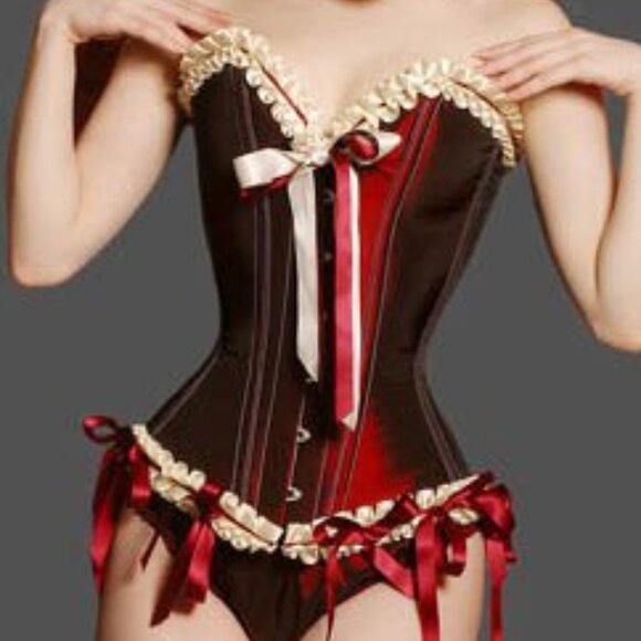 Burgundy Cream Ruffled Boned Corset Set - NEW - Picture 1 of 9